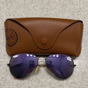 Ray-Ban Aviator Sunglasses with Purple Lenses and Brown Case
